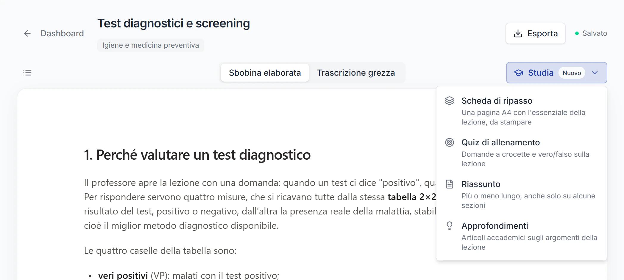 Il menu Studia sulla pagina di una lezione: scheda di ripasso, quiz, riassunto e approfondimenti