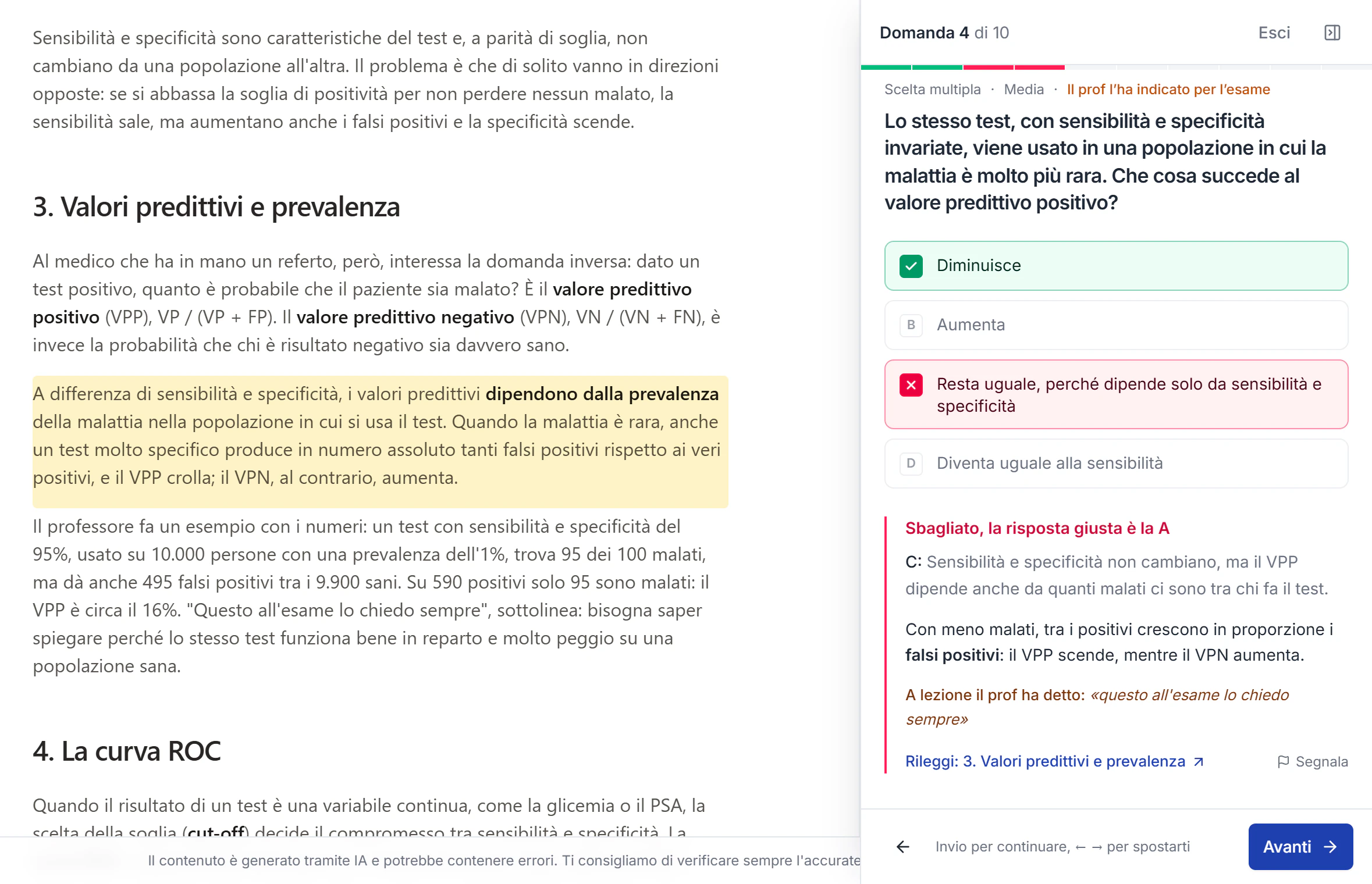 Il pannello dei quiz accanto alla sbobina: risposta sbagliata, spiegazione e paragrafo da rileggere evidenziato