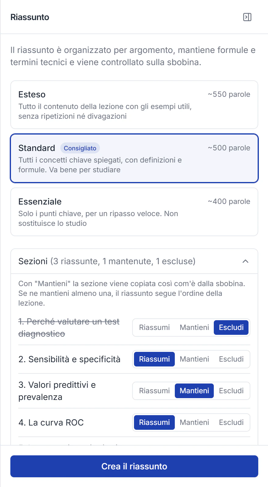 Il pannello del riassunto con le tre lunghezze e le scelte per sezione