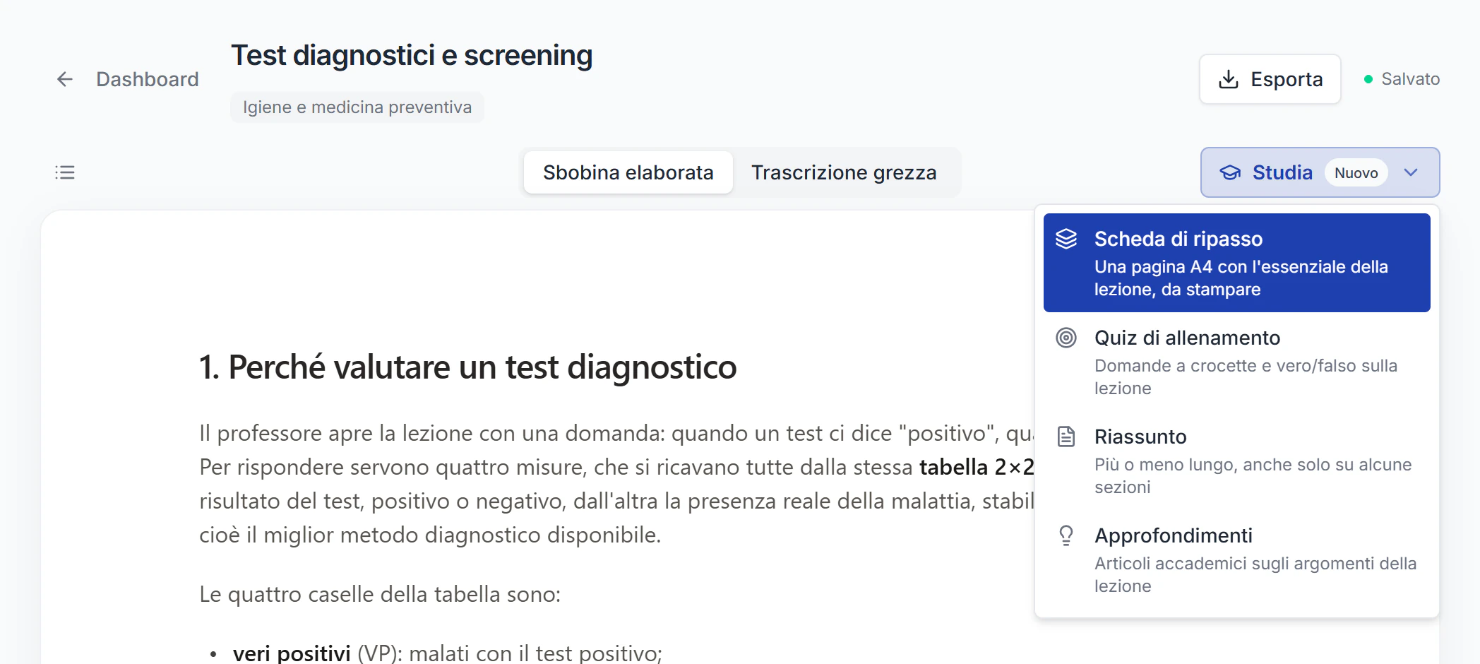 Il menu Studia nella pagina di una lezione, con la voce Scheda di ripasso
